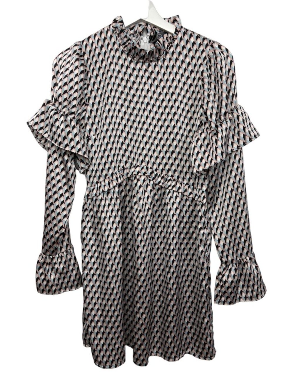 Missguided Womens 4 Blue Geometric Ruffle Mini Dress Long Sleeve Y2K